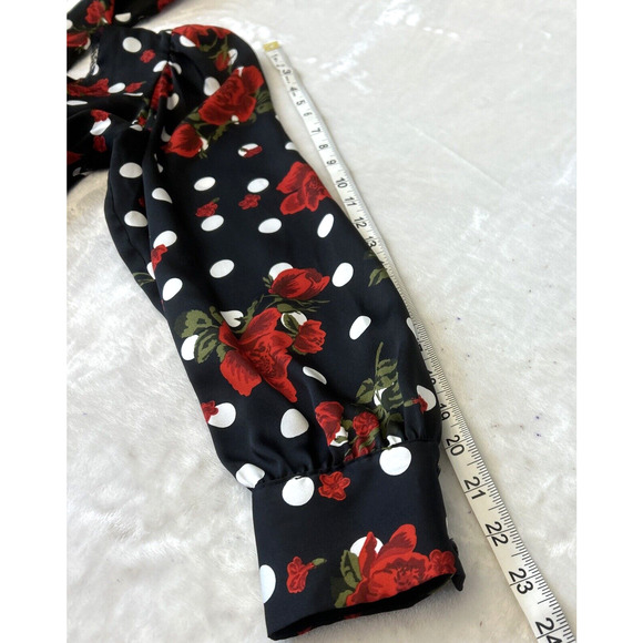 Zara Women Rose Print Long Sleeve Blouse XS Black Polka Dot Lace Trim Side Zip - Picture 6 of 8